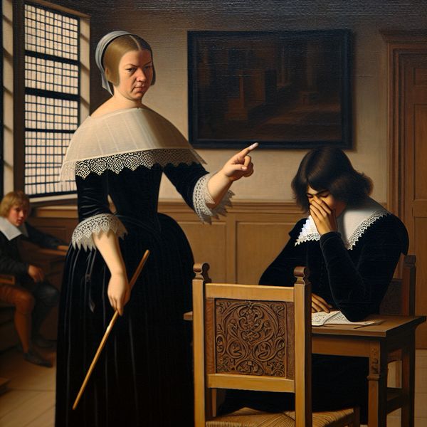 17e-eeuwse Nederlandse klas met strenge lerares die een houten liniaal vasthoudt en een leerling berispt vanwege spieken, in de verfijnde stijl van Gerard ter Borch