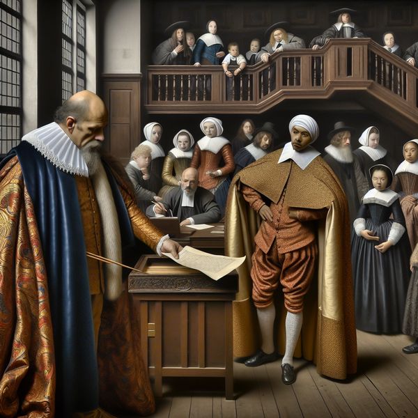 Historische schoolinspectie in 17e-eeuws Nederland - inspecteren leren 17e-eeuwse Nederlandse schoolinspectie met een formeel geklede inspecteur die een document controleert, omringd door leerlingen en leraren in een stijl van Gerard ter Borch