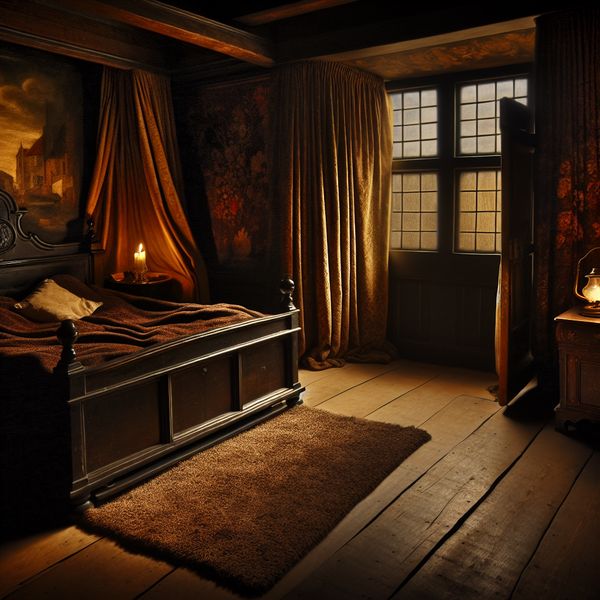 17e-eeuwse Nederlandse slaapkamer in Rembrandt-stijl met houten bed, olielamp en warme aardetinten