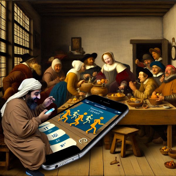 17e-eeuwse Nederlandse genrescène met een persoon aan een houten tafel die een smartphone gebruikt met een historische fitnessapp, omringd door nieuwsgierige mensen in een levendig huishouden