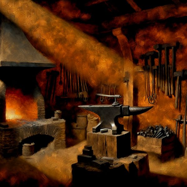 17e-eeuwse smidse met dramatische chiaroscuro-verlichting, een aambeeld omringd door smidsgereedschap zoals een hamer, tang en blaasbalg