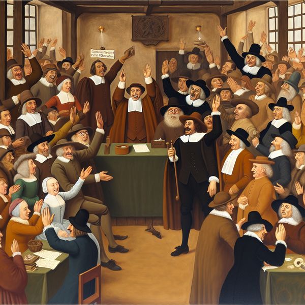 17e-eeuwse Nederlandse stadsbestuursvergadering waar leden stemmen om een nieuwe voorzitter te kiezen, in de stijl van Jan Steen