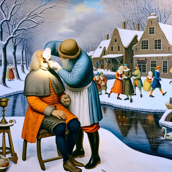 Historische tandbrug behandeling in winterse sfeer - 17e-eeuws tafereel 17e-eeuwse Nederlandse winterscène met een tandarts die een tandbrug aanpast bij een oudere man aan een bevroren kanaal