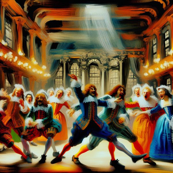 17e-eeuws theaterstuk voorstelling met acteurs in barokke kostuums en dramatische expressies Levendige 17e-eeuwse theatervoorstelling met emotionele acteurs in historische kostuums op een rijkversierde toneelpodium, geschilderd in de dynamische stijl van Frans Hals