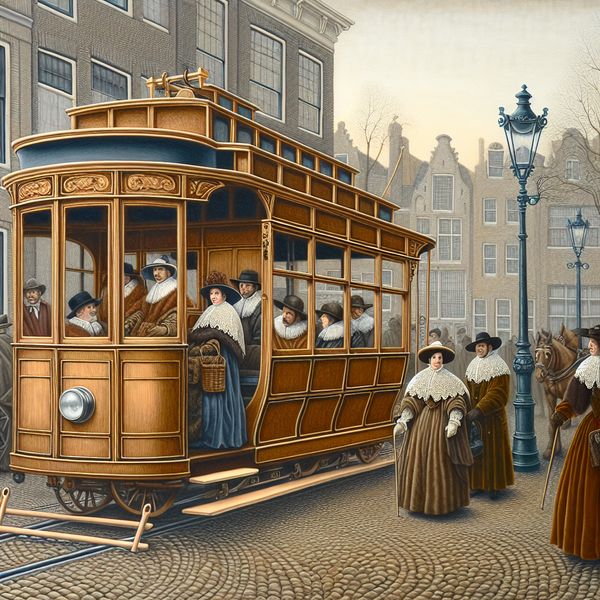 Historische tram in 17e-eeuws stadsvervoer - leer Nederlands met klassiek openbaar vervoer 17e-eeuwse stadsstraat met klassieke tram vol passagiers in historische kleding, stijl van Gerard ter Borch