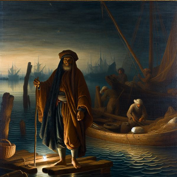 Traditioneel vissersberoep in 17e-eeuws Nederland - historische havengezichten 17e-eeuwse Nederlandse visser in traditionele kleding op een houten dok bij zonsopgang, met een kleine vissersboot en kalme zee op de achtergrond