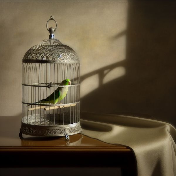 Vogelkooi met parkiet op zitstok - historische Nederlandse schilderkunst 17e-eeuwse Nederlandse interieurscène met elegante vogelkooi en zingende groene parkiet op dunne houten stok