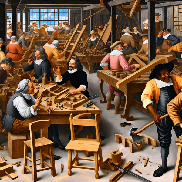 17e-eeuwse Nederlandse werkplaats met ambachtslieden die houten meubels en metalen onderdelen vervaardigen, in de stijl van Jan Steen