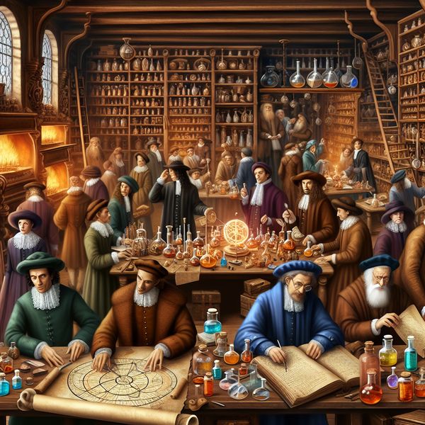 Historische wetenschappelijke opdracht: zoektocht naar medicijn in 17e-eeuws laboratorium 17e-eeuwse wetenschappers in levendige discussie rond een tafel vol boeken, kaarten en wetenschappelijke instrumenten tijdens een belangrijke opdracht om een nieuw medicijn te ontdekken