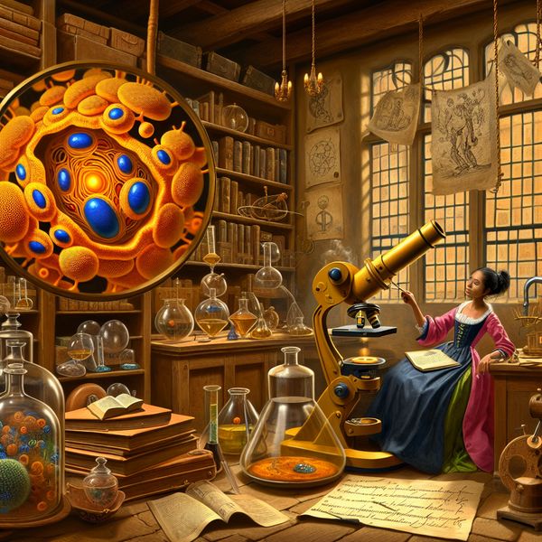 Cel als kleinste levende eenheid van organismen - historische biologie illustratie 17e-eeuwse wetenschapper bestudeert een gloeiende cel onder een microscoop in een levendig laboratorium, stijl van Jan Steen