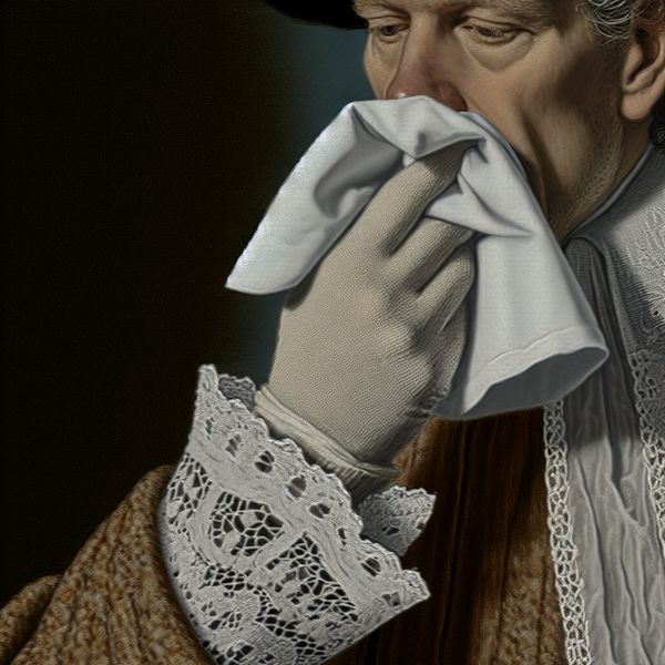 17e-eeuwse Nederlandse genretafereel van een elegante man die zijn neus snuit met een witte linnen zakdoek, stijl van Gerard ter Borch