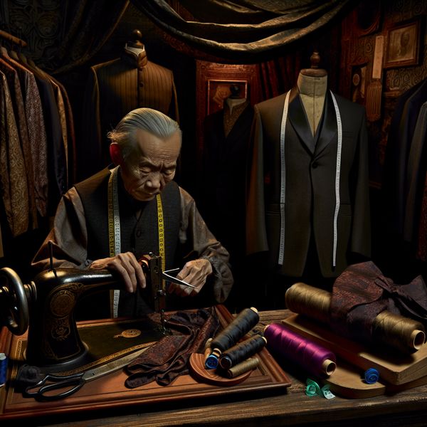 Oude kleermaker in een 19e-eeuws atelier, nauwkeurig een maatpak aan het maken met schaar en meetlint, omringd door luxe stoffen en naaigerei in een gotische sfeer