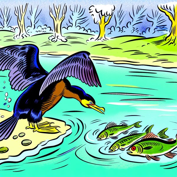 Aalscholver op de oever van een rivier in winterlandschap Aalscholver met uitgespreide vleugels, zittend op de oever van een rivier met glinsterend water en zichtbare vissen, in een winterlandschap.