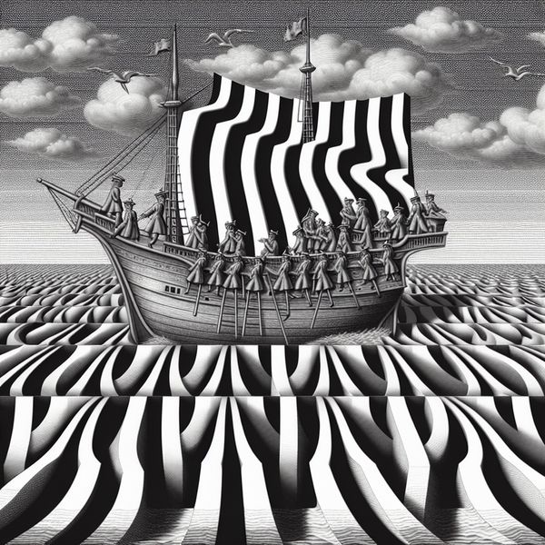 Aan boord van een surrealistisch schip: optische illusie en geometrische precisie in Escher-stijl Surrealistische Escher-achtige tekening van een schip met onmogelijke geometrische structuur, waar zeelieden in vintage kleding deel lijken uit te maken van het schip zelf, met optische illusie van oneindige beweging op zee