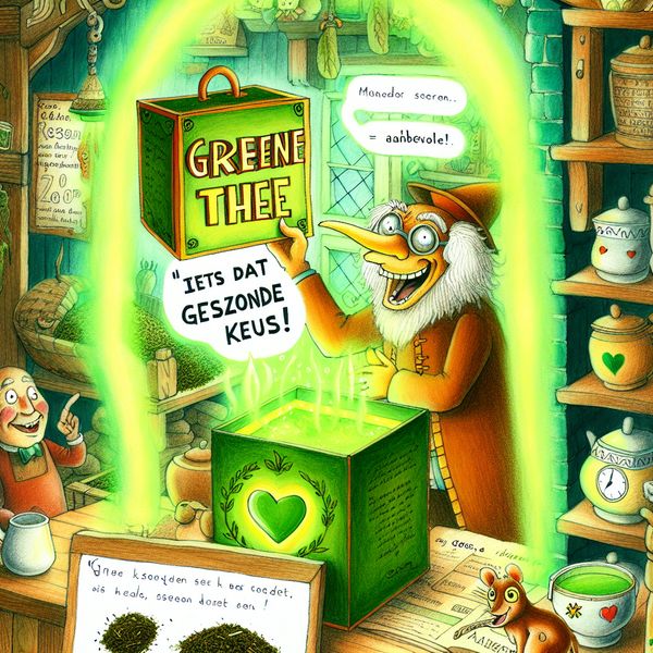 Aanbevolen groene thee voor een gezonde levensstijl – cartoonillustratie Vrolijke antropomorfe uil in een knusse winkel die een doos groene thee met een gloeiende aura omhoog houdt, met het label 'Groene Thee – Gezonde Keus!'