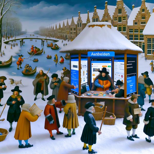 Historische en moderne aanbieding van informatie en diensten in winterse setting 17e-eeuwse Nederlandse winterscène met digitale kraam die informatie en diensten aanbiedt aan historische figuren, symboliserend het concept 'aanbieden' in een zakelijke context
