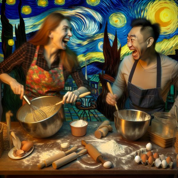 Gezellig aanbod om samen te bakken - Van Gogh stijl schilderij Twee vrienden in een gezellige keuken die samen bakken, met een open receptenboek en ingrediënten op het aanrecht, in de stijl van Vincent van Gogh