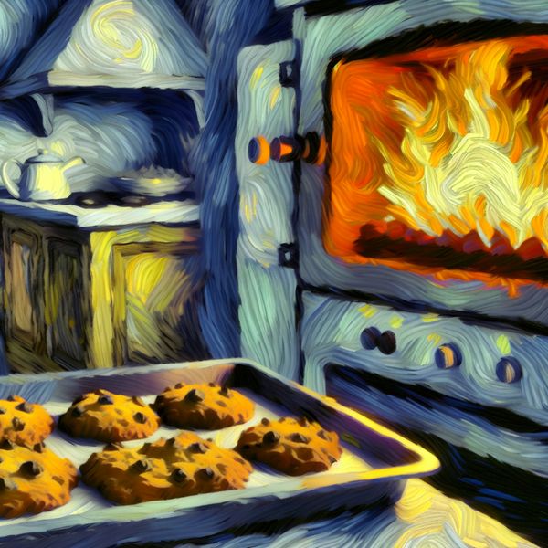 Gebakken koekjes die aanbranden in een warme oven met zichtbare rook en donkere randen, in Van Gogh-stijl geschilderd
