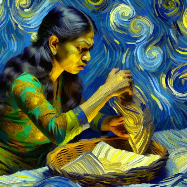 Vrouw in Van Gogh-stijl observeert een mysterieus voorwerp met intense aandacht en nieuwsgierigheid