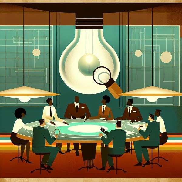 Illustratie van een complexe aangelegenheid oplossen in retro kantooromgeving Retro-futuristisch kantoor met mensen die een aangelegenheid bespreken, waarbij een vraagteken verandert in een gloeilamp als symbool voor probleemoplossing