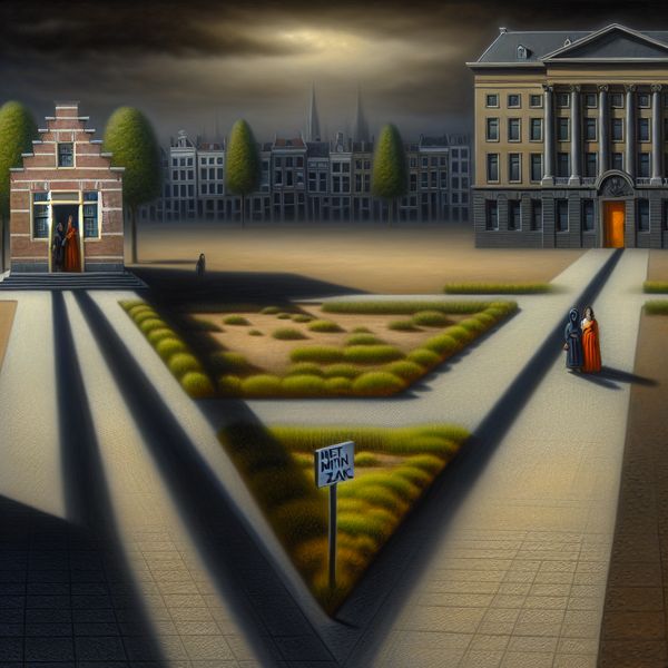 Verantwoordelijkheid en keuzes: symboliek van aangelegenheden in surrealistische stijl Surrealistisch schilderij van twee paden in een verlaten stadsplein: één leidt naar een warm verlichte woning met ouders, het andere naar een gesloten deur met het bord 'Niet mijn zaak', symboliserend verantwoordelijkheid en keuzes in aangelegenheden