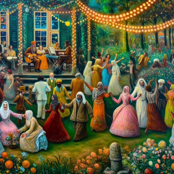 Aangename Buitenevenement Scène in Anton Pieck Stijl Een levendige en nostalgische buitenevenementscène met een diverse groep mensen die dansen in een weelderige tuin, verlicht door kleurrijke versieringen en feeënlichtjes.