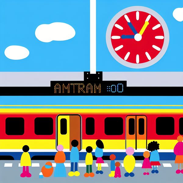 Aankomende trein op station Amsterdam - Minimalistische illustratie Kleurvolle trein arriveert op station Amsterdam met diverse passagiers en een klok die 9:00 toont