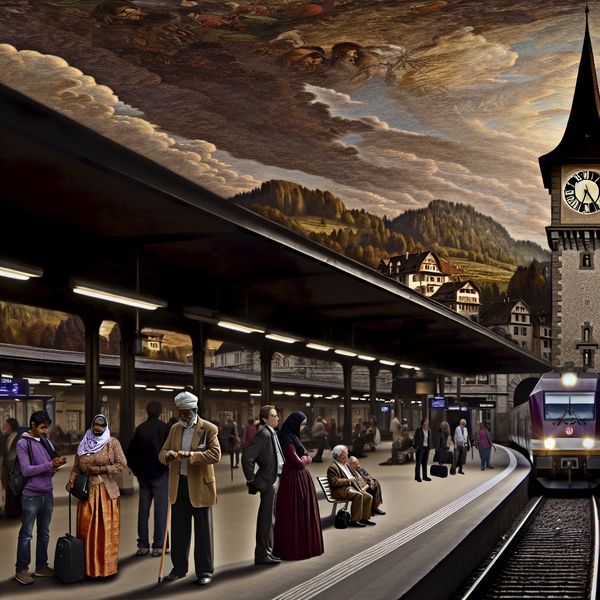 aankomst van een trein bij een druk station bij zonsondergang met een majestueus landschap