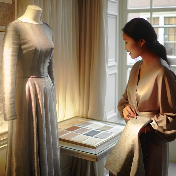 Een vrouw in een elegant boutique, onderzoekt een prachtig ontworpen jurk en houdt een luxe stofmonster vast.