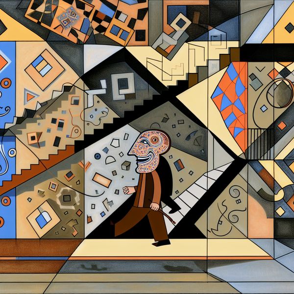 Aanleg voor humor: surrealistische weergave van gevoel voor komisch talent Surrealistische illustratie van een persoon met een gloeiende neus die geometrische patronen van gelach en glimlachen uitstraalt, omringd door onmogelijke constructies en optische illusies in de stijl van M.C. Escher, symboliserend aanleg voor humor