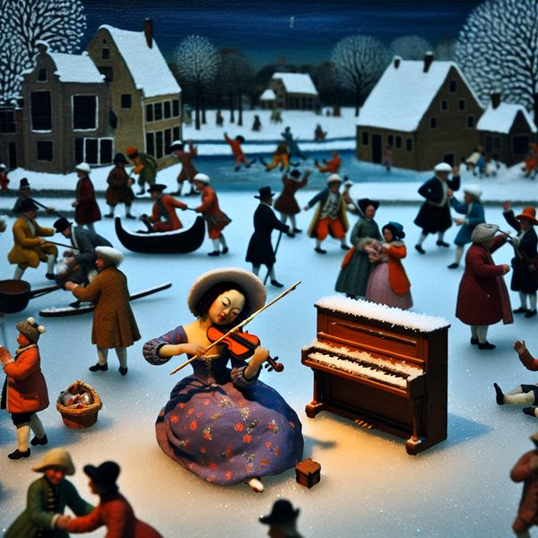 Muzikale aanleg in wintertafereel: vioolspel op het ijs met bewonderende omstanders Jonge vrouw speelt viool op bevroren kanaal met schaatsers en piano in sneeuw, wintertafereel in stijl van Hendrick Avercamp