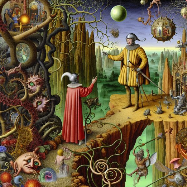 Aanmoediging en doorzettingsvermogen in surrealistische kunst - Taal leren Nederlands Surrealistisch tafereel in de stijl van Jheronimus Bosch waarin een middeleeuwse figuur een aarzelende persoon aanmoedigt om een symbolische weg vol obstakels en beloningen te betreden
