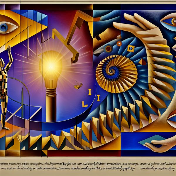 Aanprijzen leren: visuele metafoor voor overtuigen en verkooptechnieken in Escher-stijl Surrealistische Escher-achtige scène met een charismatische figuur die een transformerend object aanprijst op een onmogelijke trap, omringd door symbolen van overtuiging en aantrekkingskracht