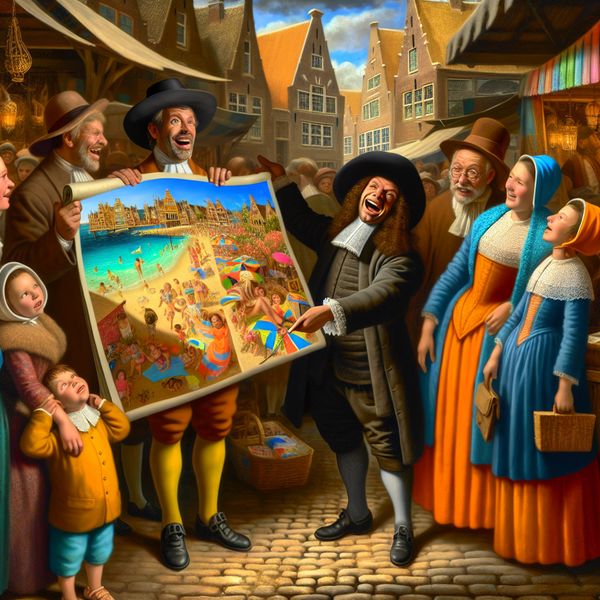 Aanprijzen van vakantieaanbod in historische marktscène - Nederlands leren 17e-eeuwse Nederlandse marktscène waarin een enthousiaste koopman een luxe vakantiebestemming aanprijst aan een gezin, in de levendige stijl van Frans Hals