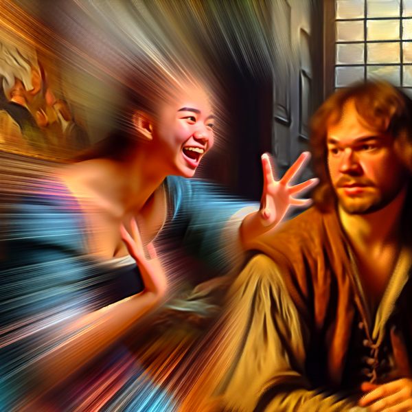 Schilderij in de stijl van Frans Hals met een coach die een aarzelende persoon aanspoort om in actie te komen, levendige penseelstreken en warme kleuren