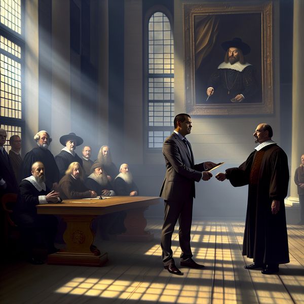 Aanstelling van een Nieuwe Schooldirecteur in een Grandioze Zaal Een formele bijeenkomst waar een nieuwe schooldirecteur wordt aangesteld, met een man in kostuum die een document ontvangt.