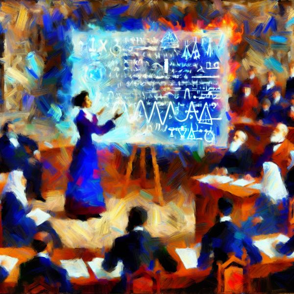 Abstract expressionistisch tafereel van een rechtszaal waar een persoon met een transparant document vol data en wetenschappelijke symbolen een stelling aantoont aan een rechter en jury