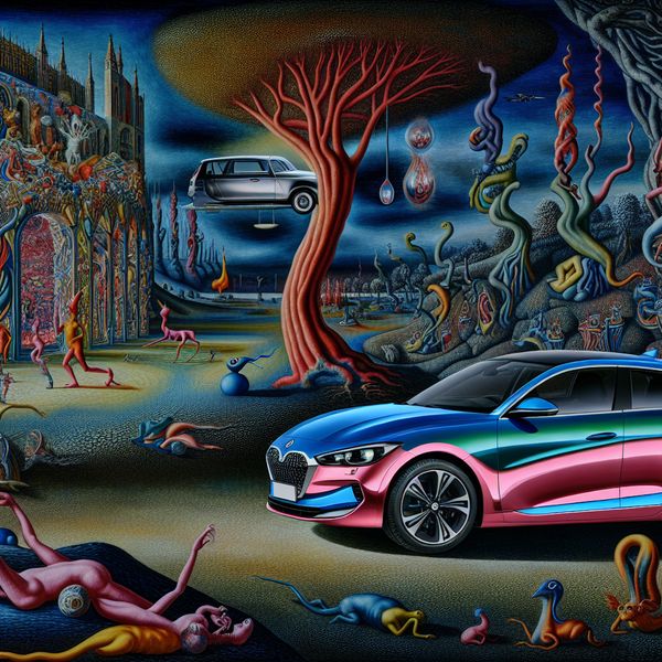 Aantrekkelijke auto in surrealistisch Bosch-achtig landschap voor taalonderwijs Surrealistisch tafereel in de stijl van Jheronimus Bosch met een moderne, glanzende auto als centraal aandachtspunt, omringd door bizarre wezens in een dromerig landschap, symbool voor aantrekkelijkheid