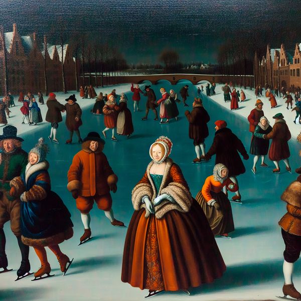 Schoonheid en elegantie in een historische wintertafereel - Nederlandse schilderkunst Aantrekkelijke vrouw in historische winterkleding die opvalt tussen schaatsers op een bevroren gracht, geschilderd in de stijl van Hendrick Avercamp