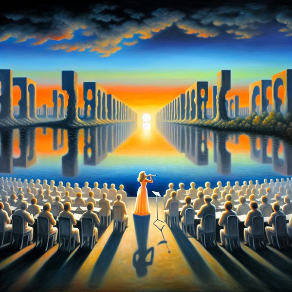 Vrouw zingt op podium bij zonsondergang met publiek en surrealistisch landschap