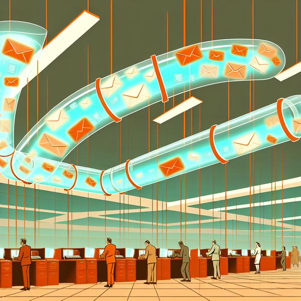 Retro-futuristisch kantoor met een transparante pijpleiding vol zwevende enveloppen, pakketten en digitale meldingen die de aanvoer van informatie en goederen symboliseren