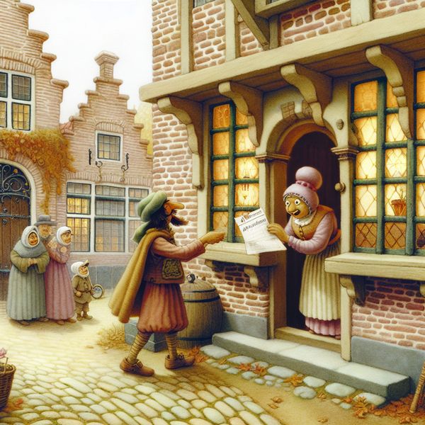 Aanvraag Indienen bij Gemeente: Charmant Nederlands Stadhuis Een persoon biedt een aanvraag in bij een vriendelijke balie-medewerker in een charmant Nederlands gemeentehuis.