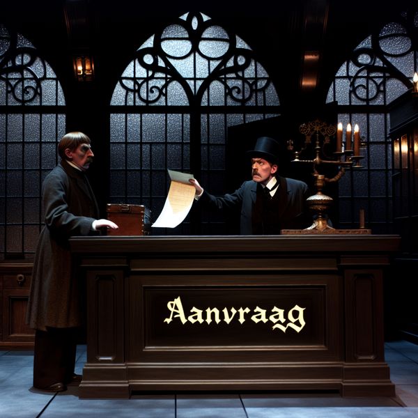 Aanvraag indienen in een mysterieus kantoor Een persoon in formele kledij overhandigt nerveus een aanvraagdocument aan een strenge ambtenaar achter een donker houten bureau in een schaduwachtige kantooromgeving.