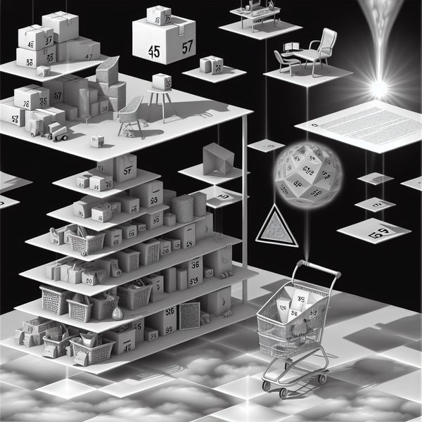 Aanvulling betekenis: visuele uitleg van extra kosten en taken in Escher-stijl Surrealistische illustratie in de stijl van M.C. Escher van een torenhoge stapel met lagen die extra kosten en taken symboliseren, zoals boodschappen, bezorgkosten en werk