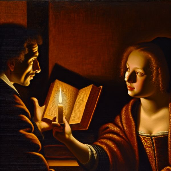 Aanwijzen van een begrip in boek - Taal leren met Rembrandt-achtige illustratie Twee mensen in een sfeervolle bibliotheek wijzen samen naar een boek, verlicht door kaarslicht in Rembrandt-stijl