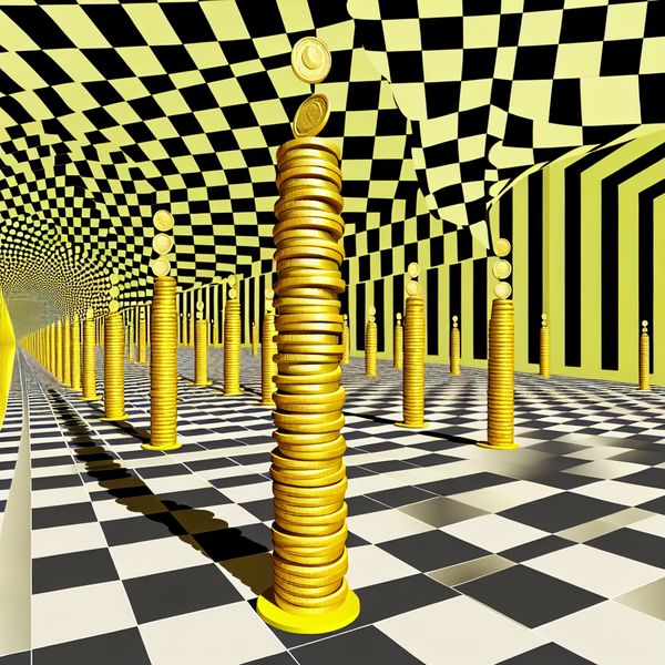 Aanzienlijke hoeveelheid munten in Escher-stijl: surrealistisch en wiskundig precies Surrealistische illustratie van een aanzienlijke hoeveelheid gouden munten in een onmogelijke spiraalconstructie, geïnspireerd op M.C. Escher, met een lange rij wachtende figuren op een betegeld vlak