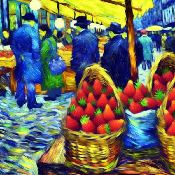 Aardbeien te koop op kleurrijke markt in Van Gogh-stijl - Nederlandse woordenschat Levendige marktscène in Van Gogh-stijl met een fruitkraam vol rijpe rode aardbeien in manden, omringd door drukke kopers en verkopers