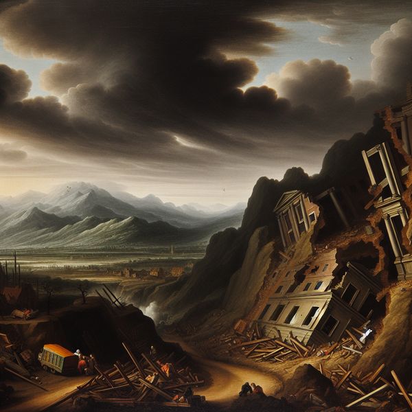 Aardbeving Landschap met Instortende Gebouwen Dramatisch landschap van een aardbeving met instortende gebouwen in een ravijn onder een stormachtige lucht.