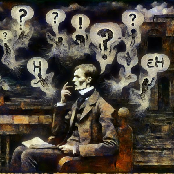 Artistieke weergave van aarzeling tijdens spreken met zwevende spraakballonnen en fragmenten zoals 'eh' en vraagtekens in een donkere, mysterieuze sfeer