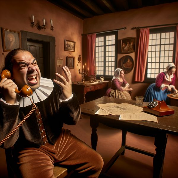 Boze persoon die een telefoongesprek abrupt beëindigt in een chaotische, warme huiskamer in de stijl van Jan Steen